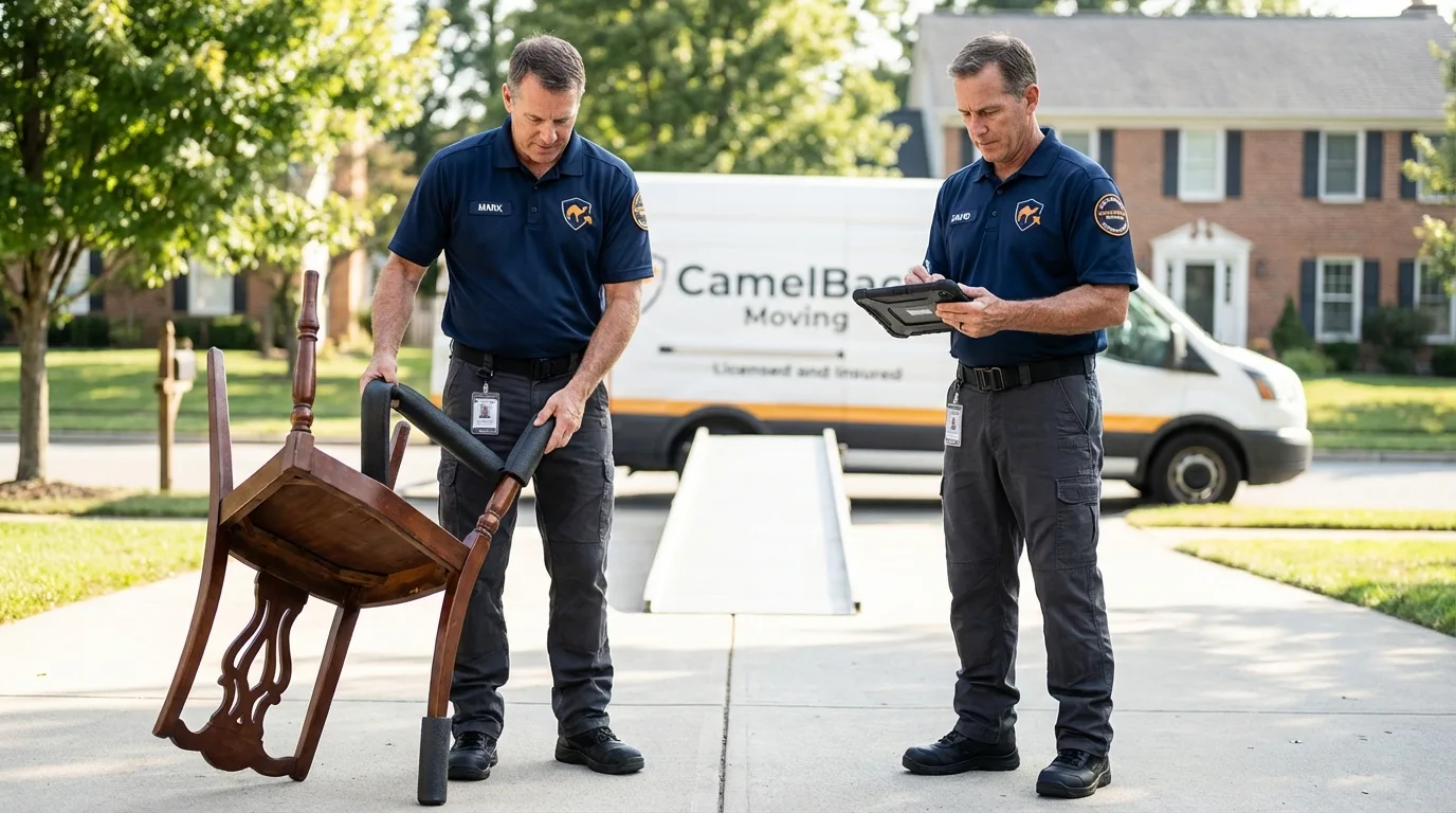 Movers inspecting furniture for damage prevention before loading in Verona, PA