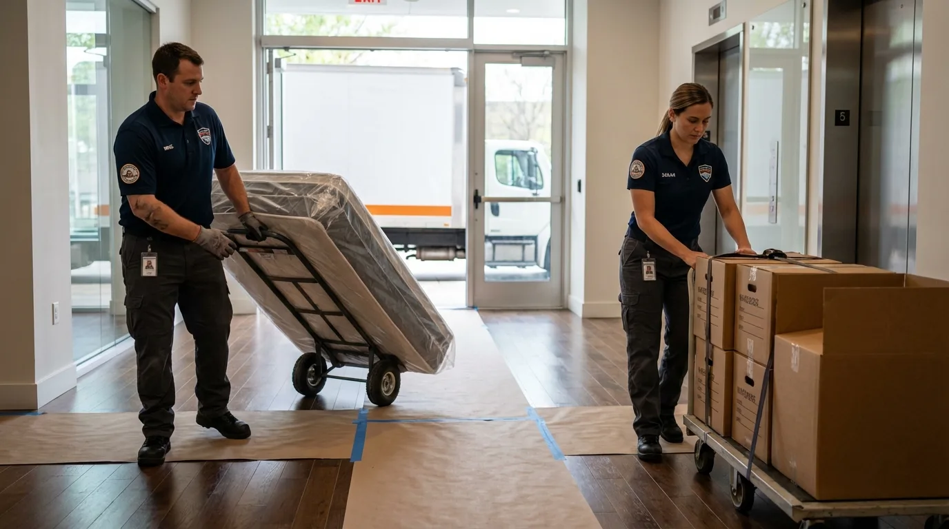 Professional apartment movers loading elevator in Verona, PA